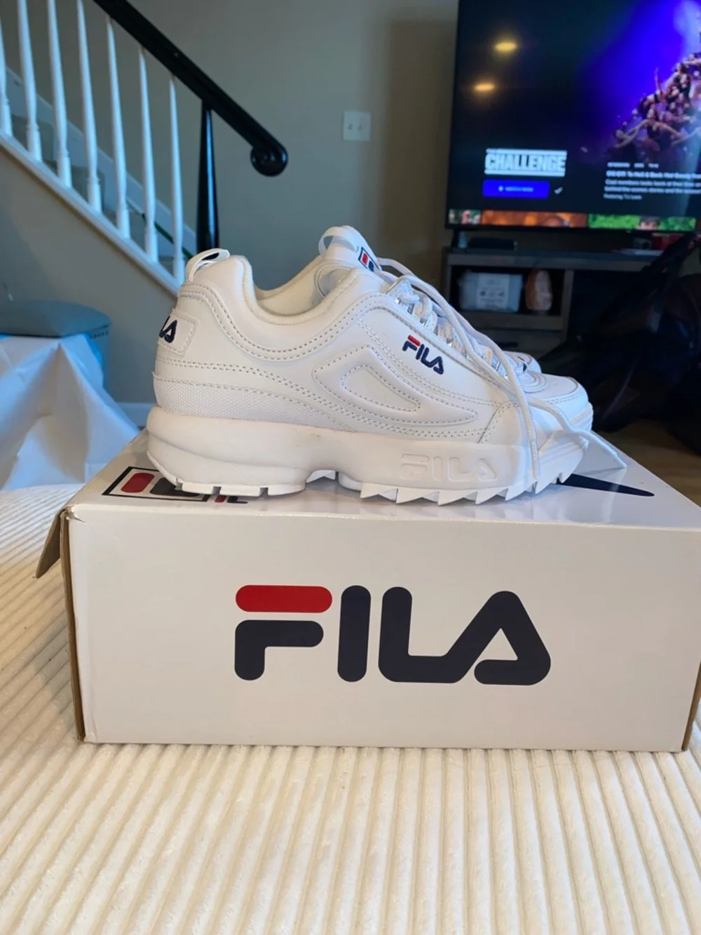 Fila White Leather Chunky Sneakers with Red & Navy Accents